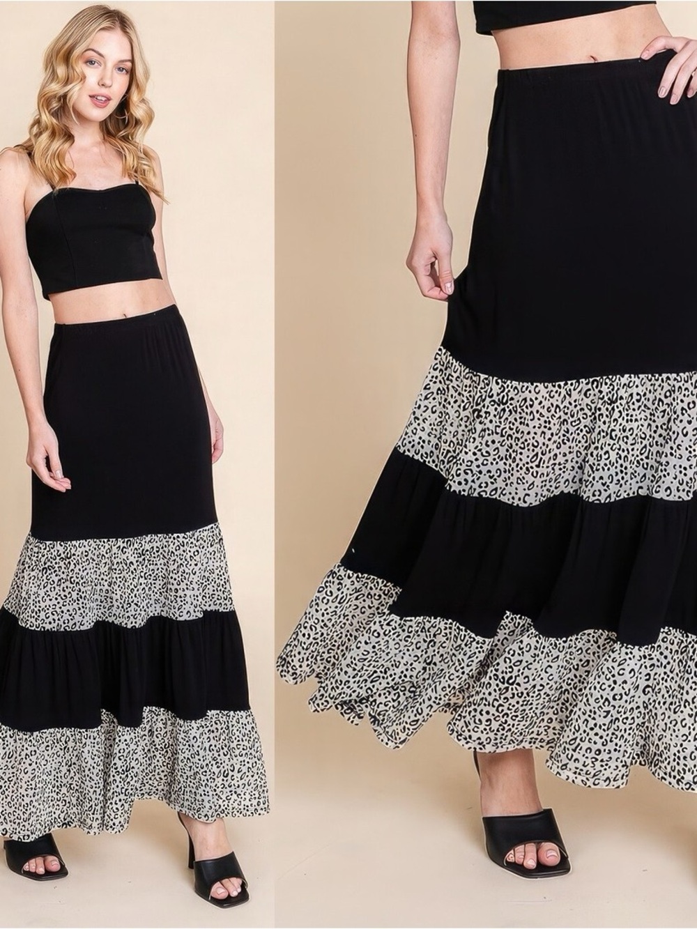 Emerald Black Maxi Skirt with Leopard-Tier Accents